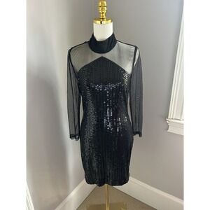 Vintage Peak Evening Dress Womens 8 Black Sparkle Sequin Mesh Sleeve & Back 90s